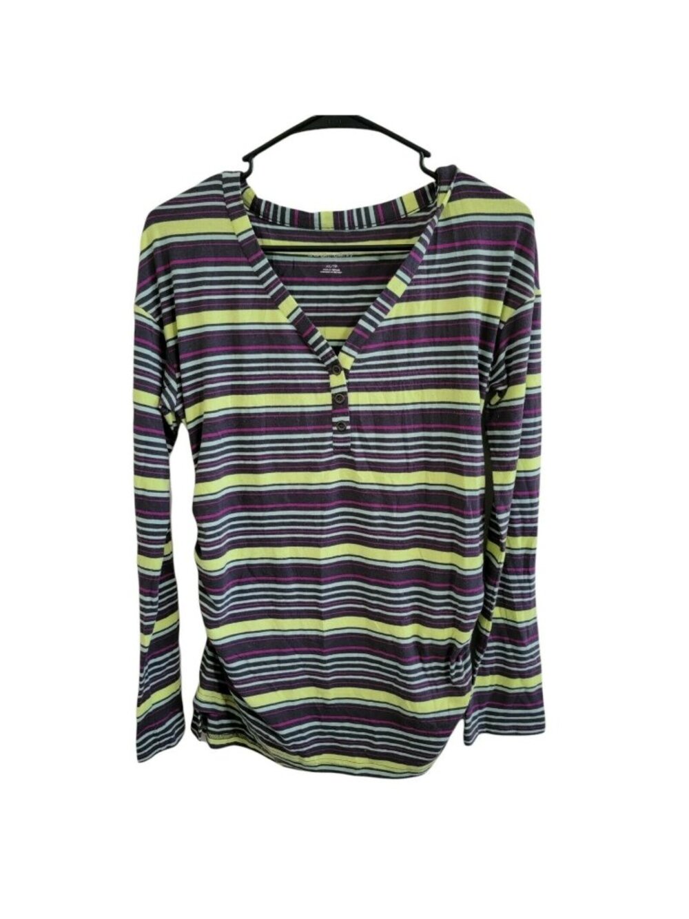 Liz Lange Maternity Top Size XS Purple Yellow Striped Long Sleeve V-Neck Shirt